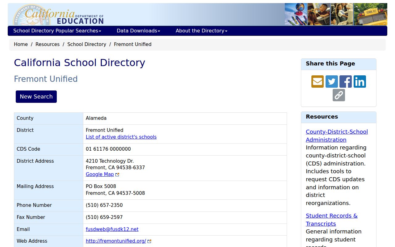 Fremont people directories screenshot of CDE Fremont Unified directory detail