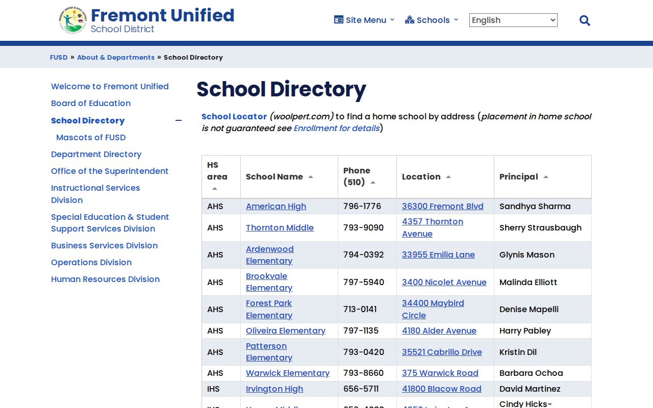 Fremont people directories screenshot of Fremont Unified School District school directory