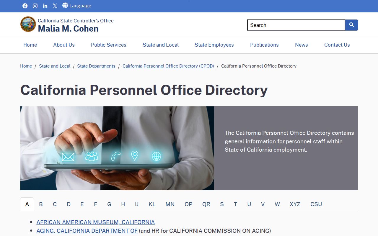 Fremont people directories screenshot of California State Controller personnel office directory