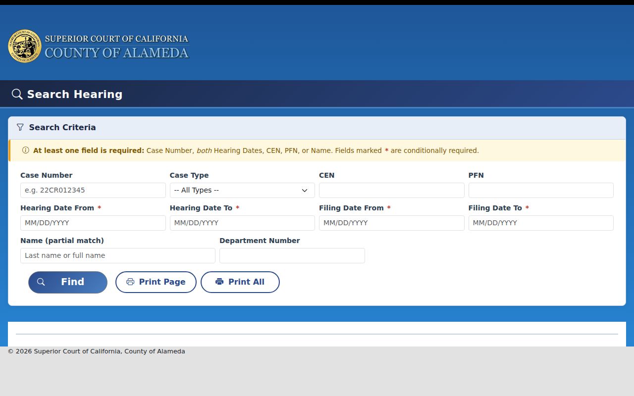 Fremont public records Alameda court calendar search