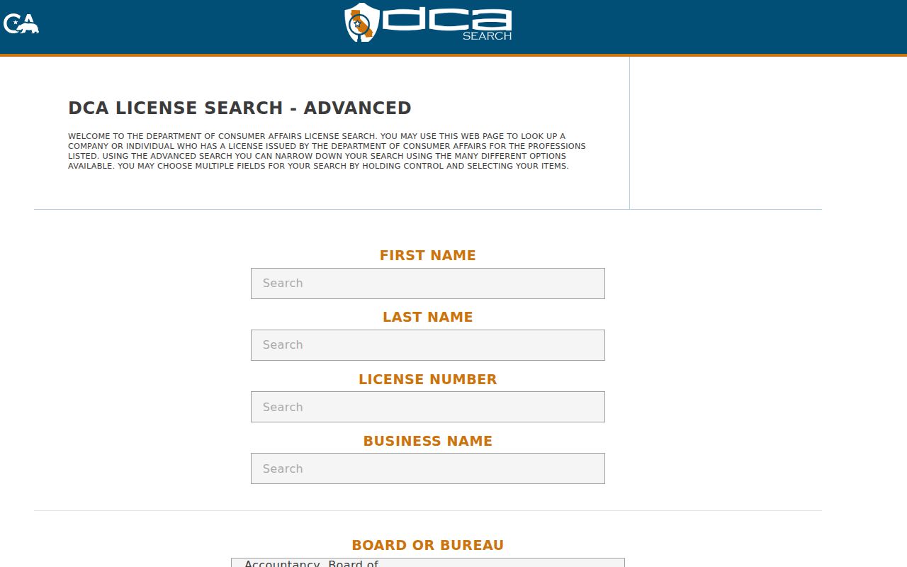 Fremont public records California DCA advanced license search